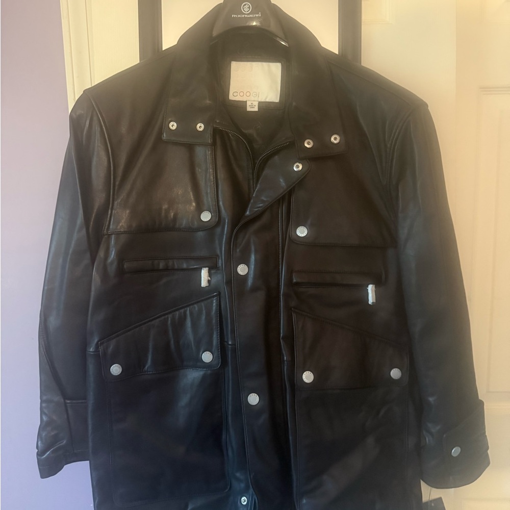 COOGI Black Leather Military-Style Field Jacket
